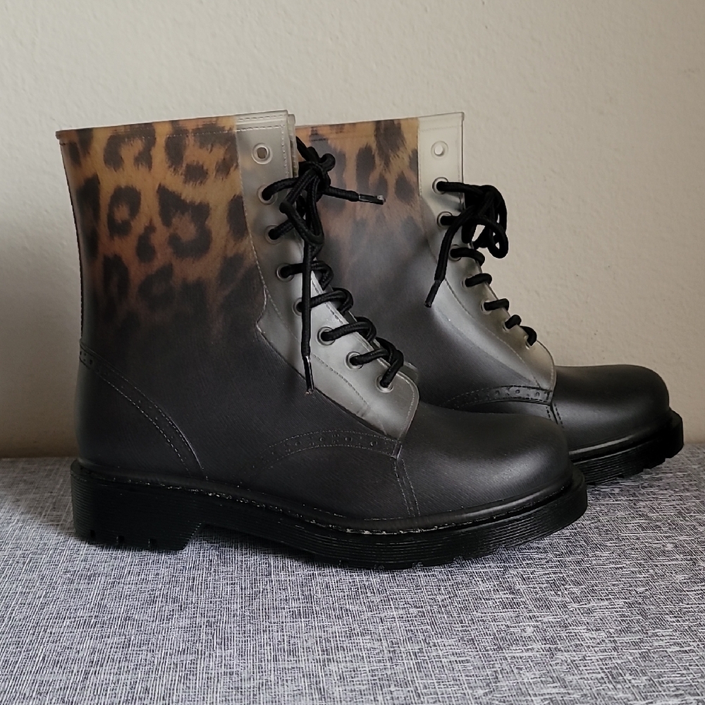 Mix No. 6 Leopard Black Clear Jelly Military Combat Style Boots Size 7